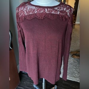Lightweight maroon sweater with lace trim. Size Large